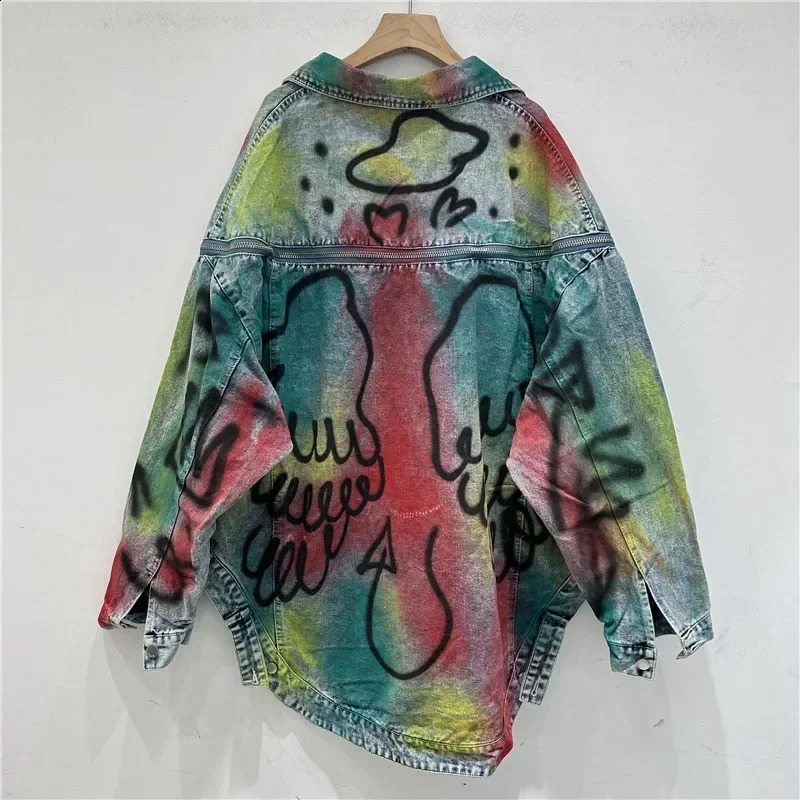 Hand-painted Graffiti Letter Print Denim Coat Zipper Decoration Women Loose Casual Lapel Long Sleeve Irregular Hem Jeans Jacket 251201