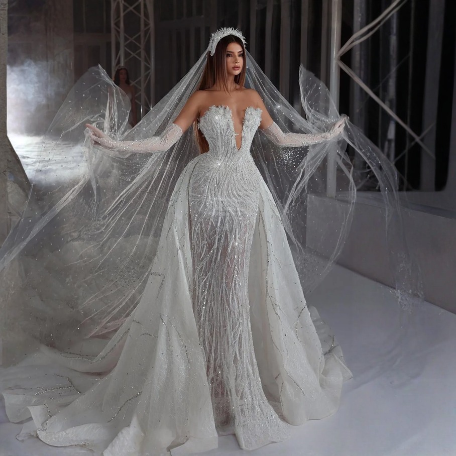 Luxury Crystal Mermaid Wedding Dresses 3D-Lace Sexy Deep V-Neck Beads Slim Fit Detachable Train Bride Dresses Size Custom Made 1209