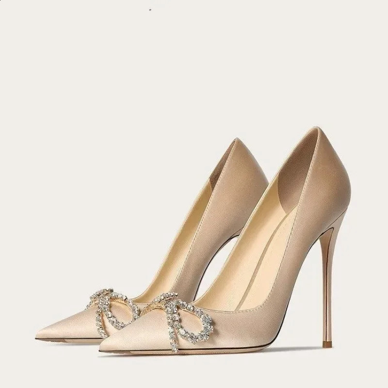 -selling Solid Color Womens Shoes with Pointed Toe and Stiletto Heels and Slip-ons with Rhinestone Bow Decoration 251204