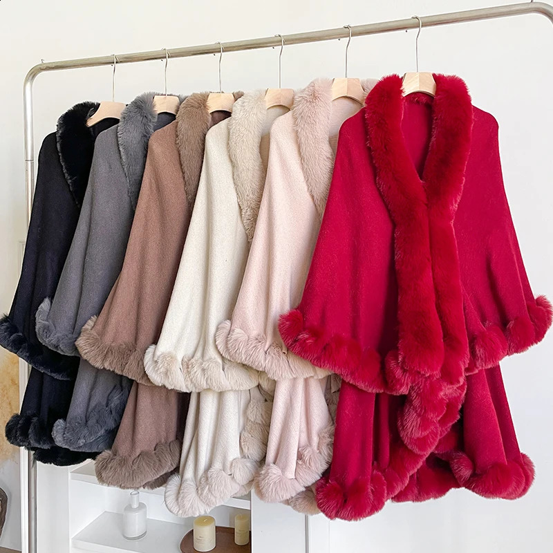 Winter Thicken Mink Wool Full Trims Faux Fur Cape - Womens Hooded Loose Fleece Cloak Coat Party Dress Wraps Warm 251204