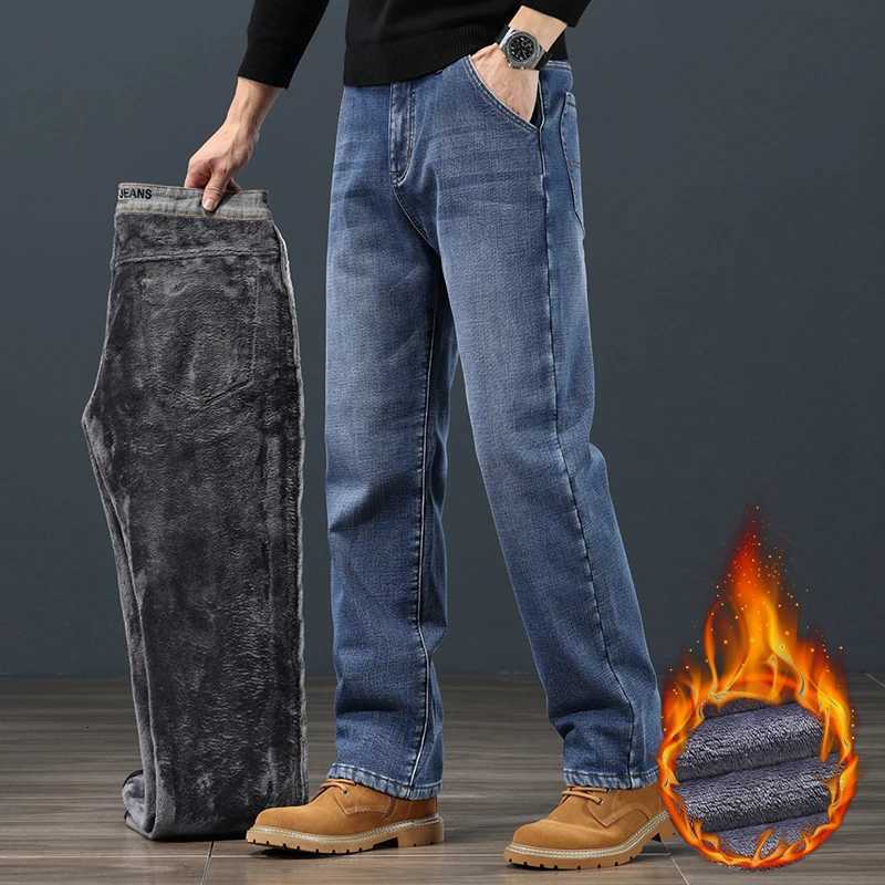 Winter Fleece Men Jeans Classic Loose Straight Warm Thicken Trousers Business Casual Velvet Elastic Denim Pants Plus Size 42 44 M251209