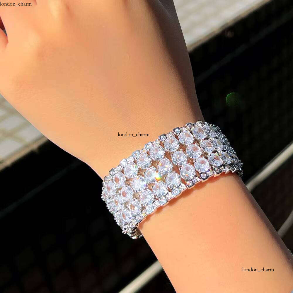 Super Shiny Multi-layer Round VVS Moissanite Crystal Statement Luxury Wide Women's Wedding Party Bracelet Jewelry