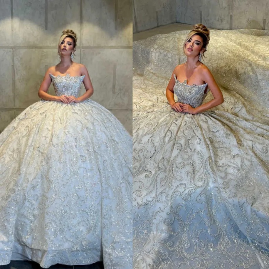 Luxury Ball Gowns Off Shoulder Wedding Dress for bride Shine Beads Gown Appliques 3D-Lace Flowers Bridal Gowns vestido de novia Plus Size Customized