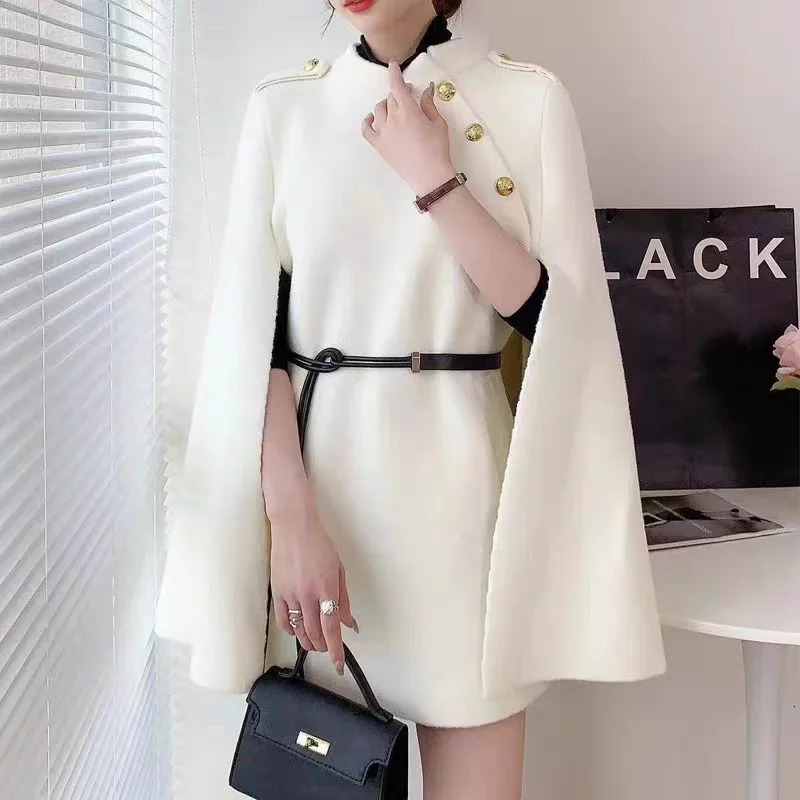 Fashion Single Breasted Rivet Poncho Coat Women Loose Sleeveless Midi Cape Cloak Autumn Winter Solid Woolen Jacket Overcoat 251128