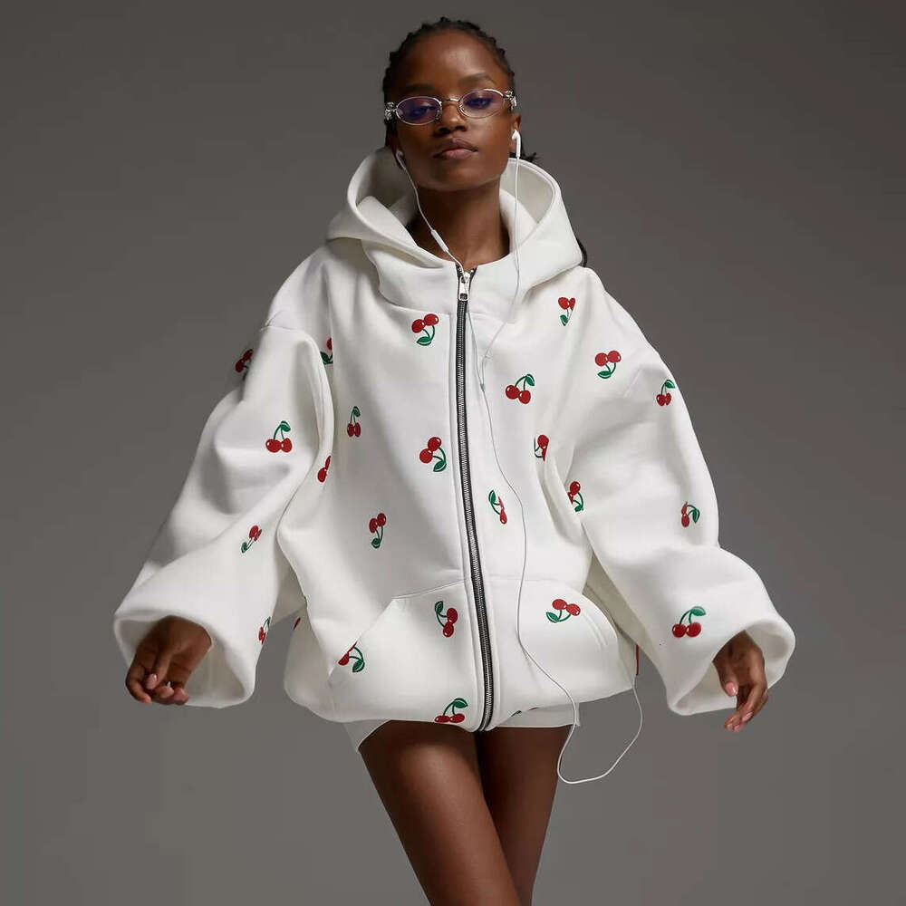 Cherry Print Sweatshirt Jacket Autumn European And American Street Style Fashion Trendy Loose Versatile Sports Hoodie Women B5