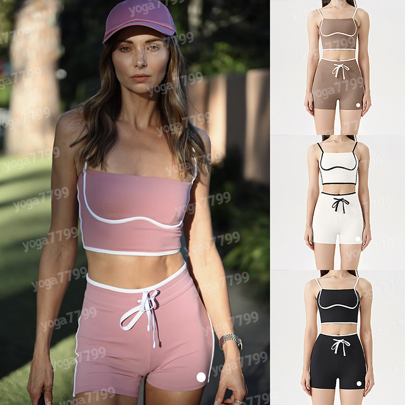 Womens Yoga Sets Color Block White Stripe Running Drawstring Long Pants Shorts 3 Quarter Pants Sports Bra Yoga Outfit Quick Dry Shockproof Sports Ta