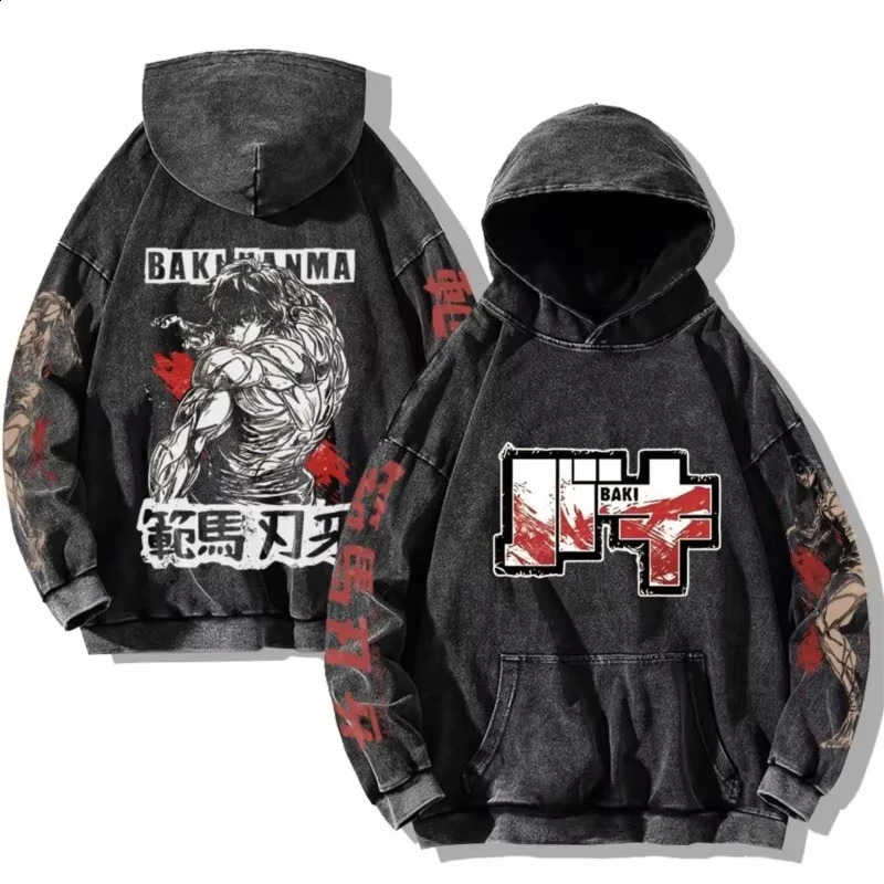 Baki Hanma Anime Print Hooded Men Women Vintage Trendy Hoodies Plus Size Washed Cotton Sweatshirt Harajuku Unisex Streetwear 251201