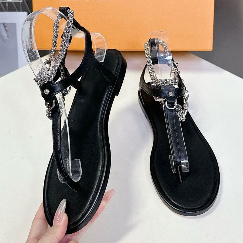 Vibe Flat Thong 1AHKSF Designers Soft Sheepskin Flip Flops Ladies Silver Metal Chain Casual Shoes Womens Summer Roman Sandals Adjustable Buckle Stra