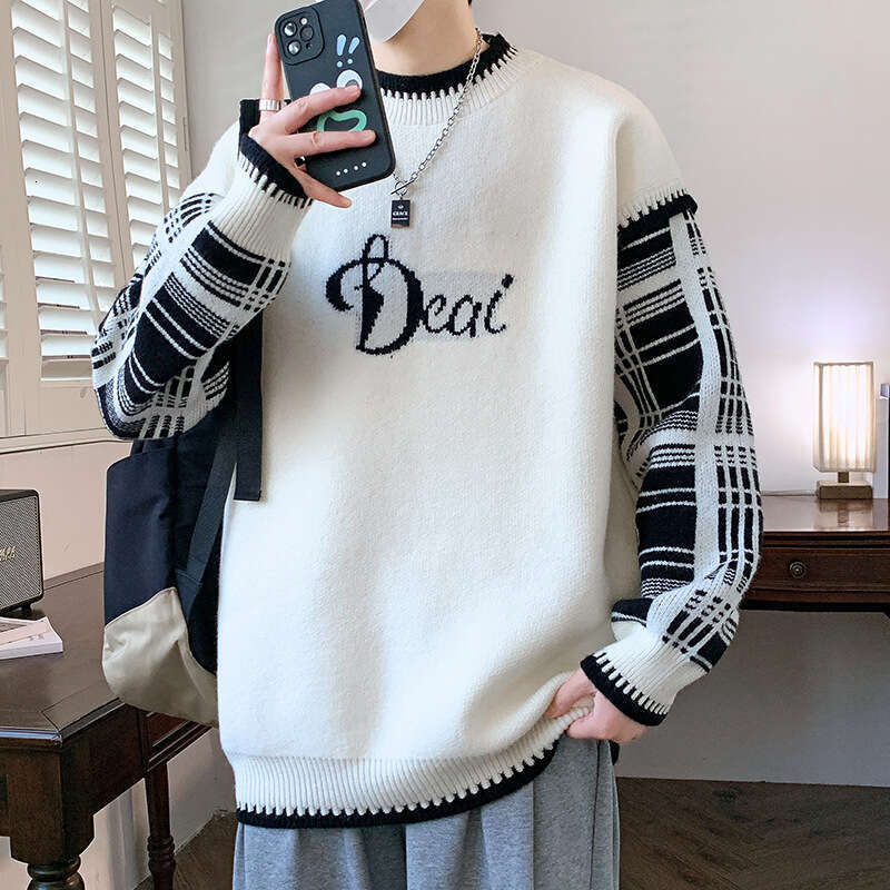Autumn/Winter Loose Round-Neck Sweater Hong Kong Style Striped Color-Block Warm Knitwear Trendy Brand Casual Base Layer Wool Jac