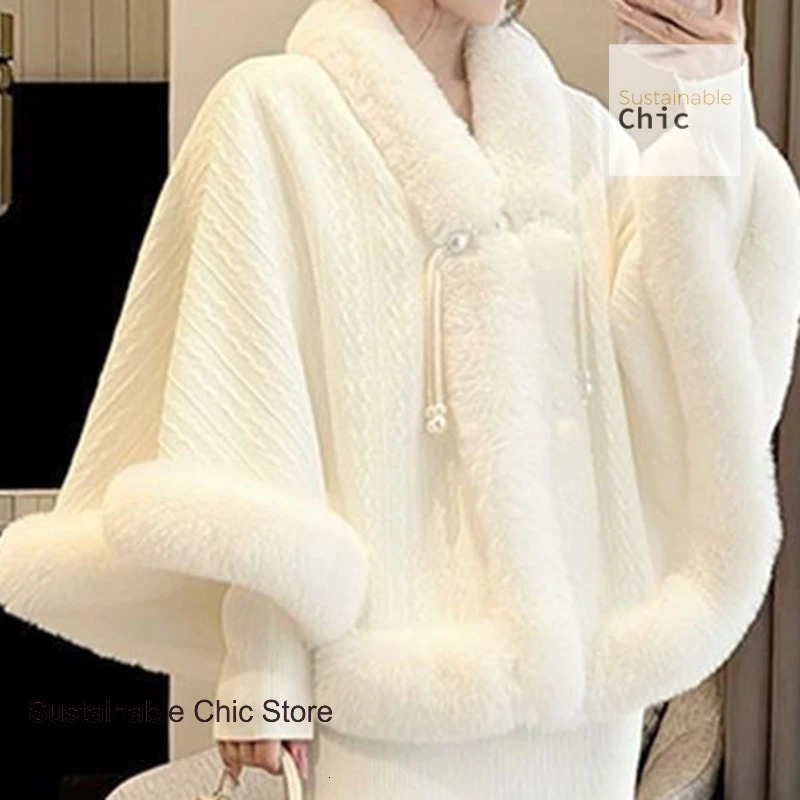 Korean style thick cloak shawl with cheongsam womens autumn and winter fur collar plus velvet to keep warm Chinese cardigan 251128