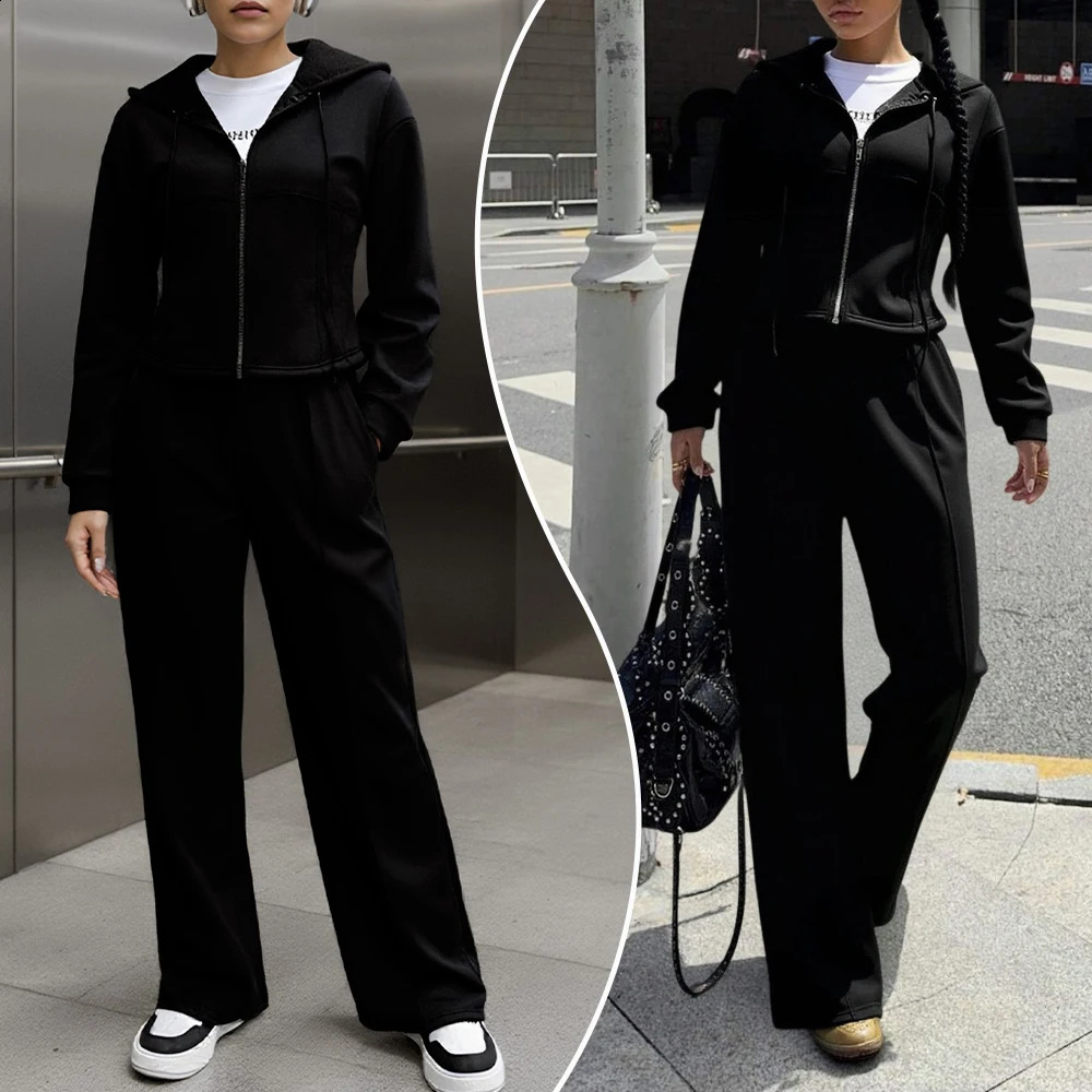 Womens Two Piece Sets Autumn Spring Modern Casual Wear Woman Clothing Hoodie and Jogger Set Full Zipper Black Sport Suit 251204