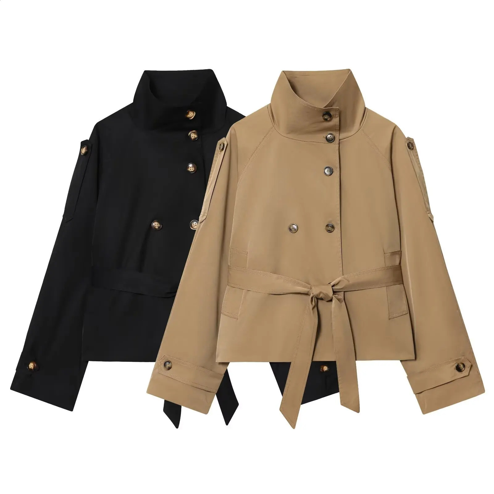 Fashionable Windbreaker Womens Double Breasted European and American Stand Collar Autumn Long Sleeve Waist Jacket 251204