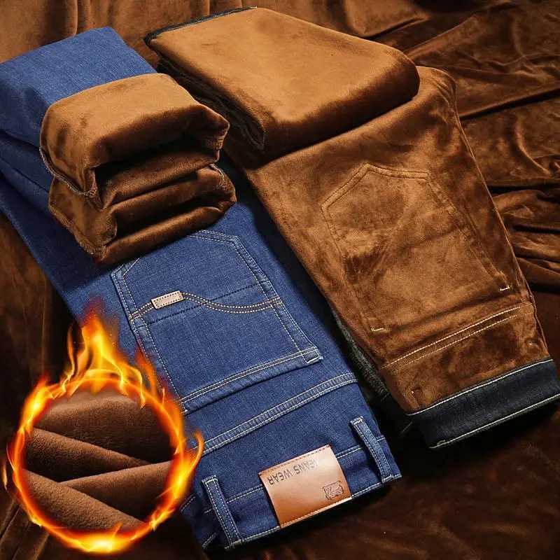 Men Autumn Winter Fleece Lined Thickened Jeans Male Loose Straight Elasticity Denim Pants Plus Size Blue-Black Trousers M251209