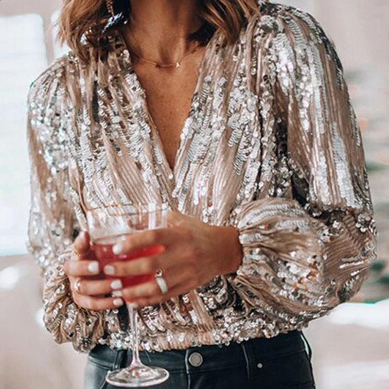Spring Women Sequins V Neck Blouse Office Lady Elegant Lantern Sleeve Shirt Autumn Fashion Slim Tops Pullover 251209