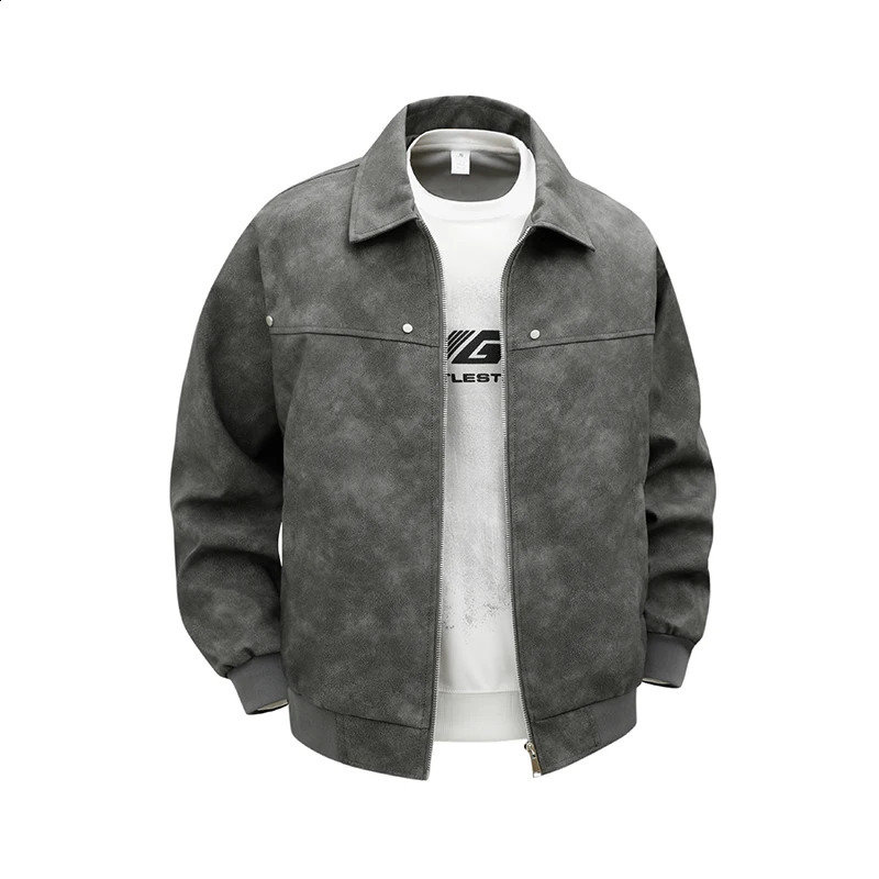 Cross border American retro PU leather jacket with fleece jacket for mens high street loose collared jacket trendy high-e 251205BJ