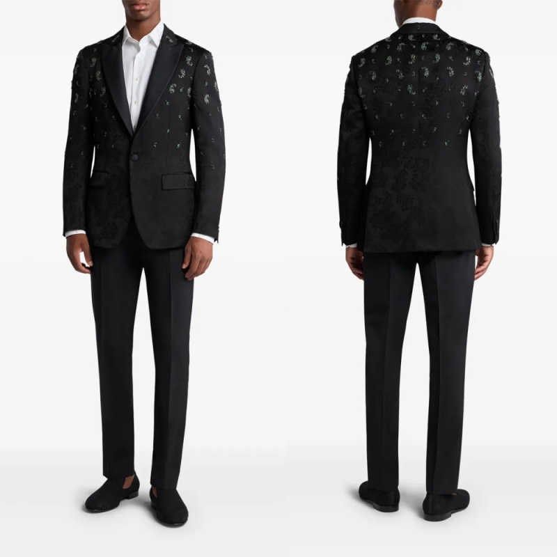Luxury Jacquard Wedding Groom Tuxedos 2 Pieces Blazer Pant Peaked Lapel Crystal Beaded Men Formal Party Suit Customized