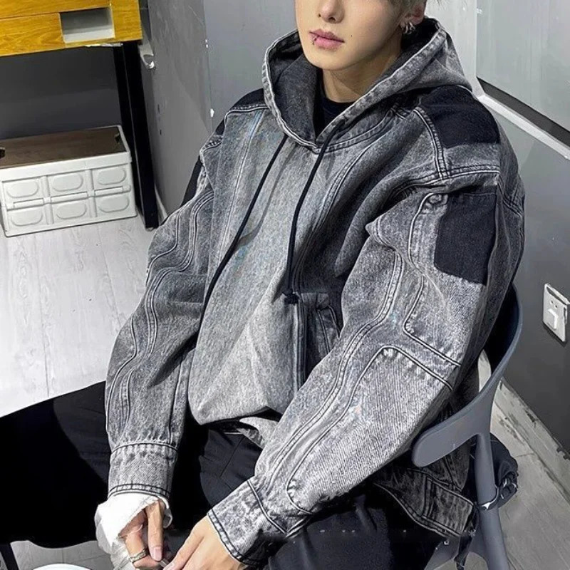 Japanese Style Washed Spliced Denim Hoodies Mens Spring Autumn Trendy Vintage Hooded Jacket Ins Streetwear Pullover Jean Coats 251204