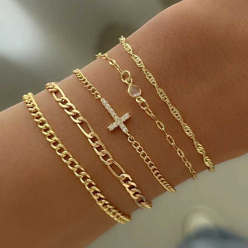 5pcs Fashion Zircon Cross Charm Bracelet Set Elegant High Quality Gold Color Multilayer Bracelets For Women Daily Wear JewelryXJ251209