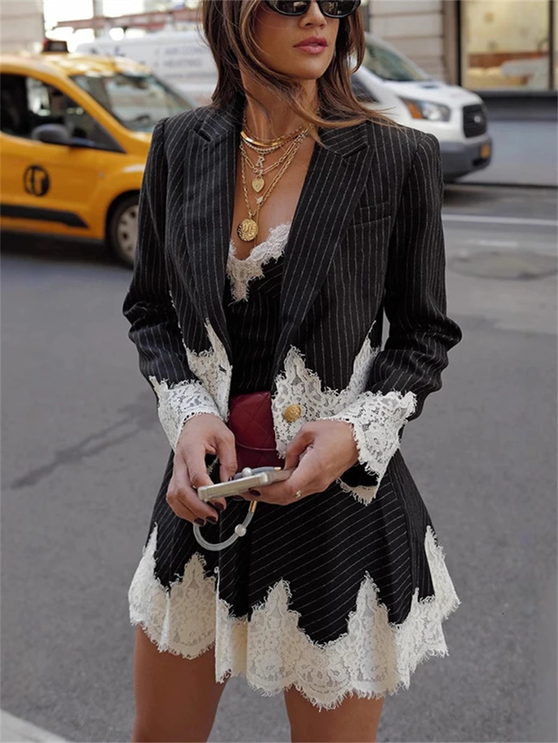 Fashion Striped 2 Piece Sets Women Outfit Spring Clothing Women Lace Patchwork Blazer V-Neck Mini Dress Sets Two Piece Woman Set 251205