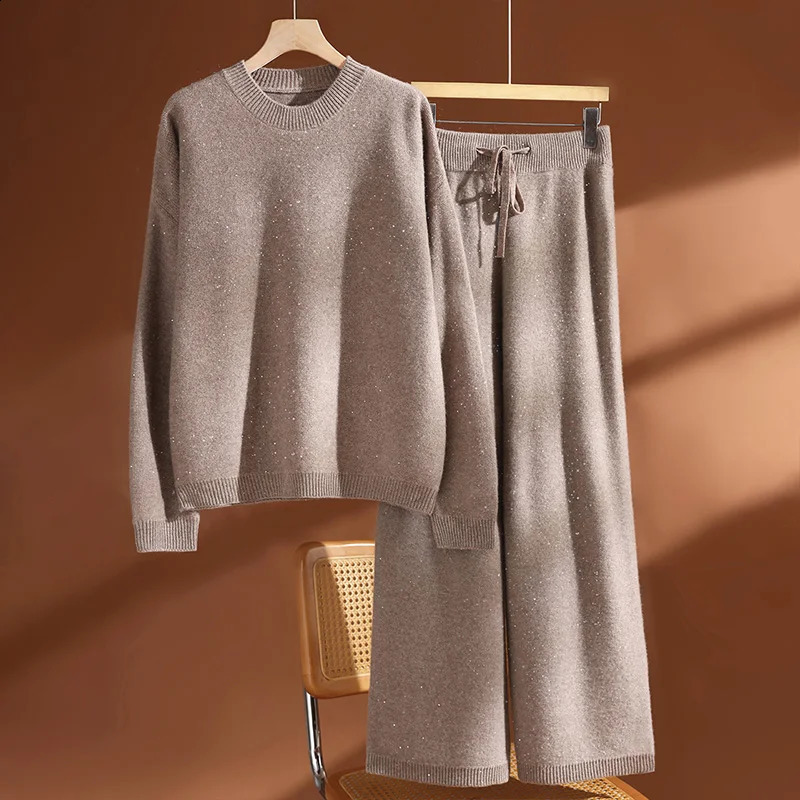 CHICUU Womens Sequins 100 Wool Knitted Oneck Pullover Sweater Wide Leg Pants Set Autumn Winter Thick Casual Cashmere Knit 251209