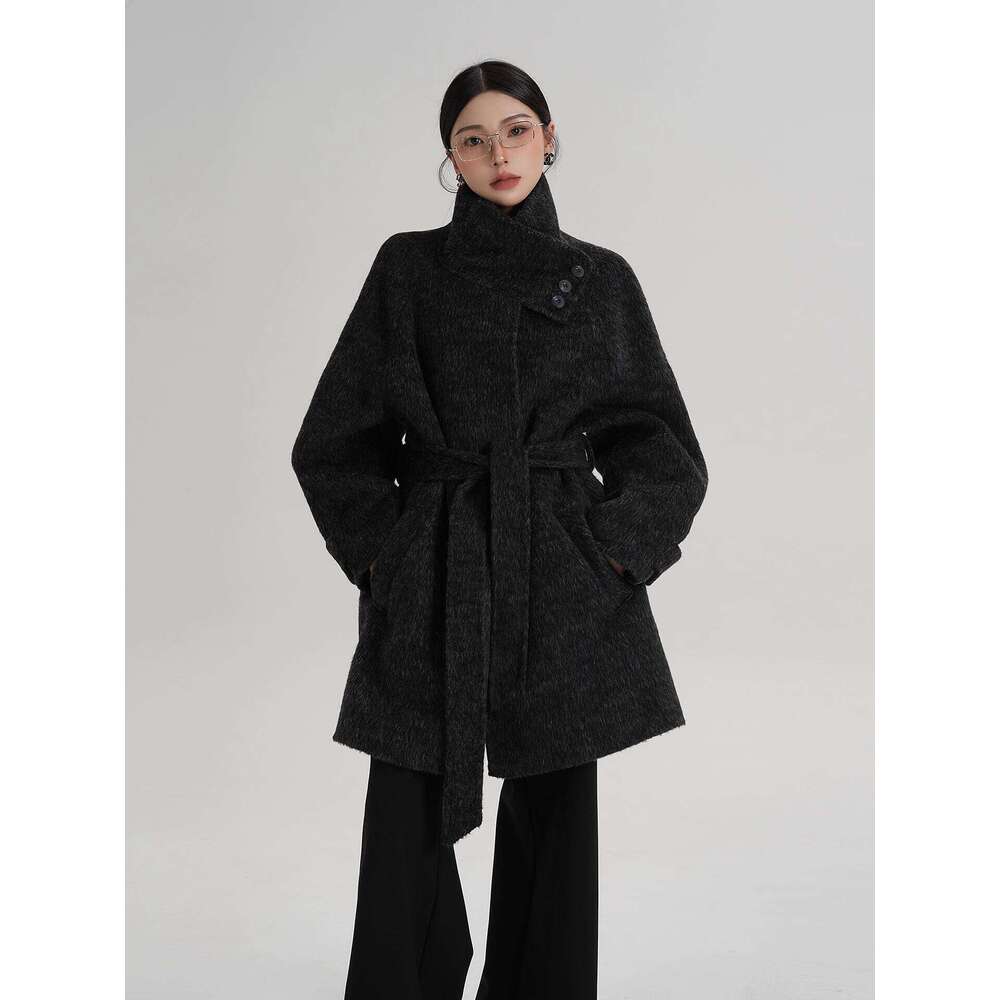 Elegant High End Mid Length Loose Stand Collar Wool Coat Woolen Jacket Autumn Winter New Women Luxury