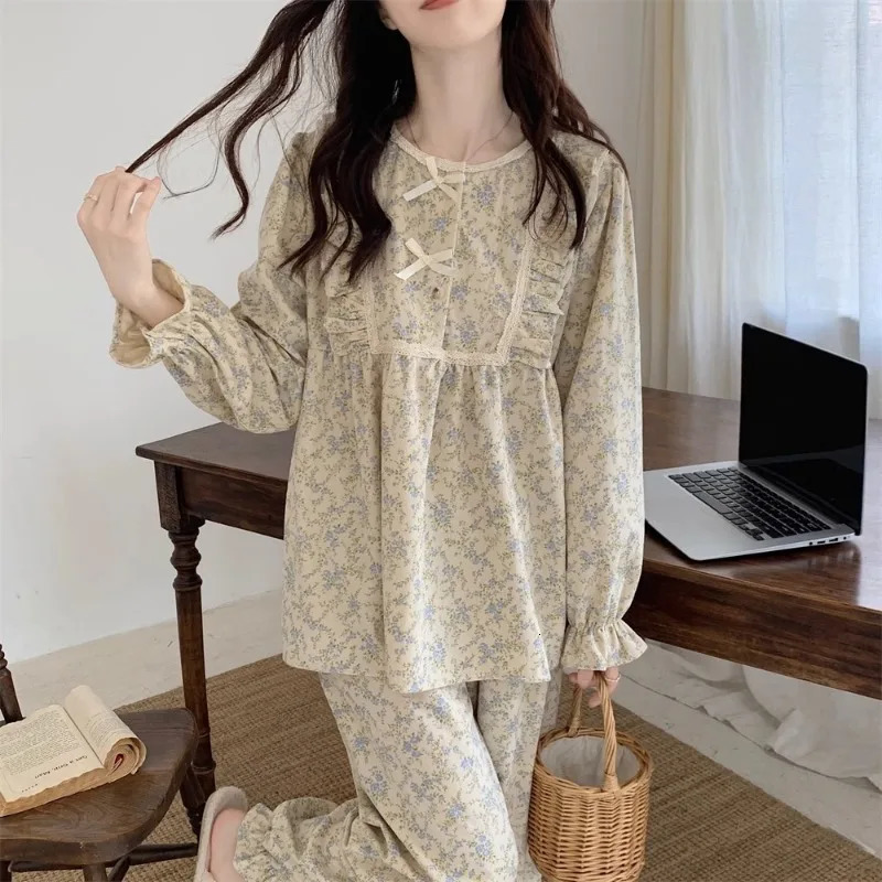 Women Floral Lace Pajamas Set Two Piece Long Sleeve Bow Homewear Korean Style Loose Fit Sleepwear Can Be Worn Outside 251129