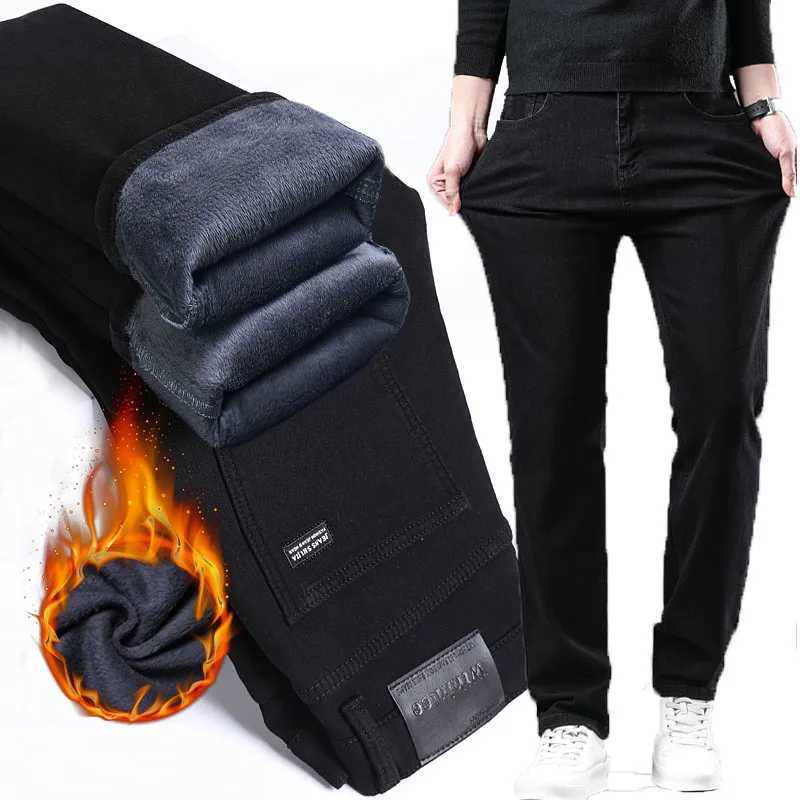 Mens Elastic Business Casual Jeans Winter Fleece Lined Thick Pure Classic Black Trousers High Stretch Warm Office Pants for Men M251209