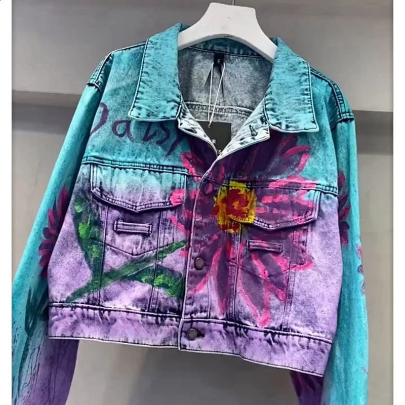 Women Floral Letters Graffiti Printed Denim Jacket Spring Autumn Flowers Hand Painted Jeans Coat Long Sleeved Cow Cardigan 251201