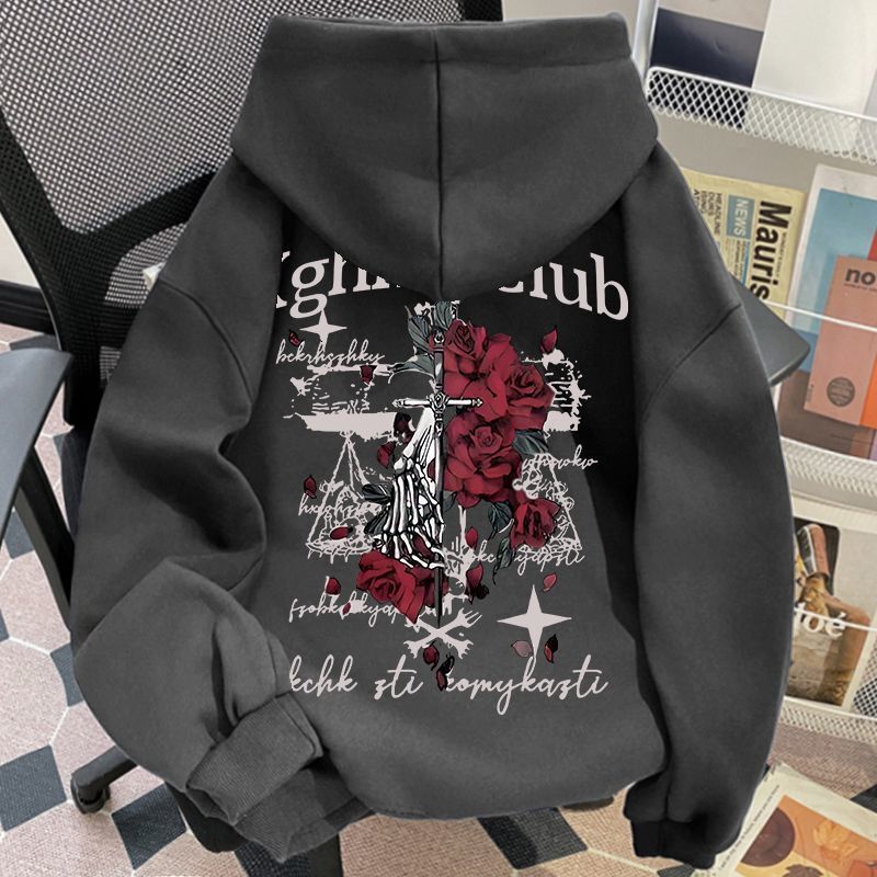 Designer Free Shipping 100% Pure Cotton American Rose Print Men's And Women's Hooded Sweatshirt Spring Autumn Winter Wool Lining Loose Fit