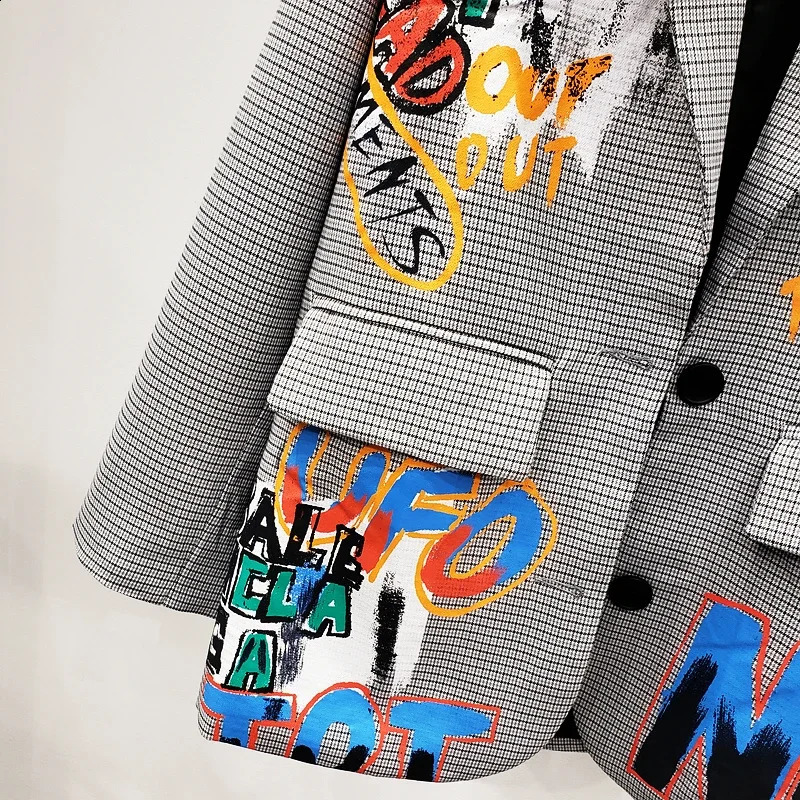 Streetwear Style Plaid Suit Jacket Women Chic Graffiti Print Coat Female Spring Autumn Korean Fashion Loose Long Suit Outerwear 251201