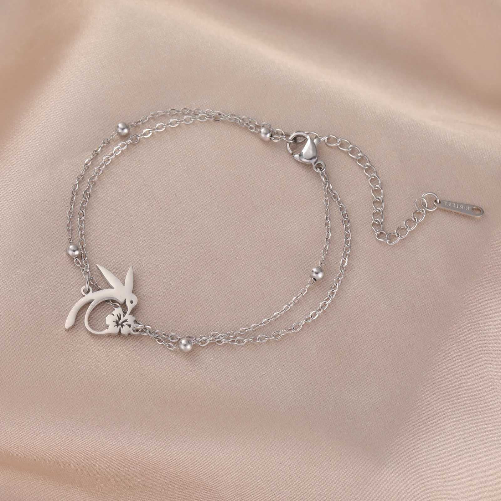 Skyrim Hummingbird Flower Charm Bracelets Womens Stainless Steel Gold Color Double Layer Beads Chain Bracelet Bohemian JewelryXJ251209