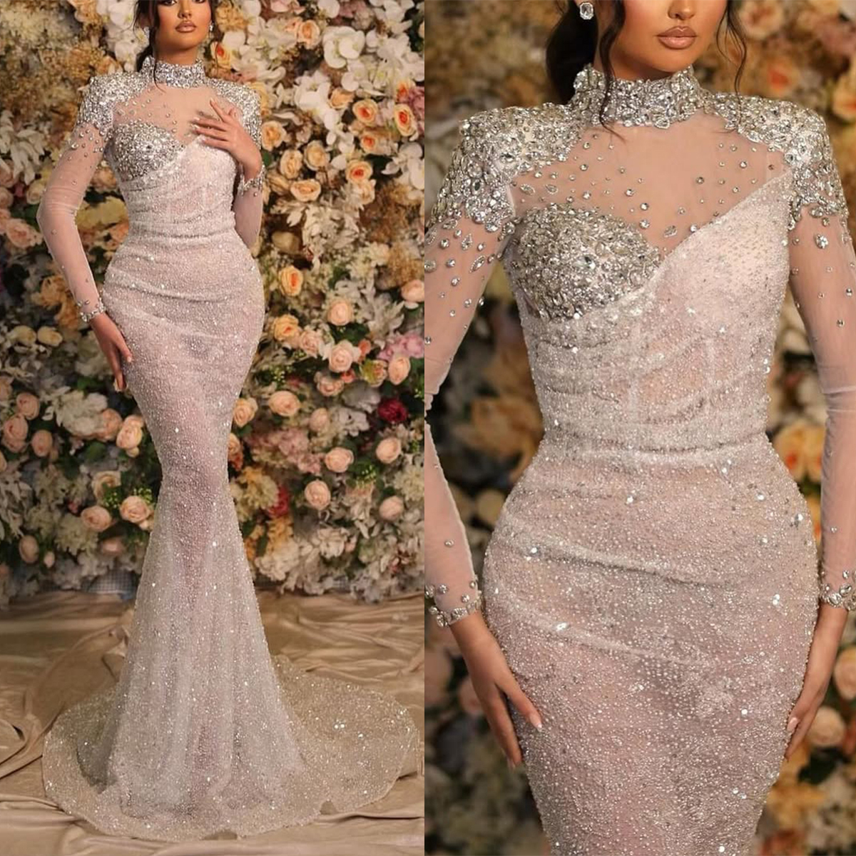 Luxury Crystal Mermaid Wedding Dresses Plus Size Sequined Tulle Bridal Gowns Long Illusion Sleeves Formal Bride Dresses Engagement Gowns