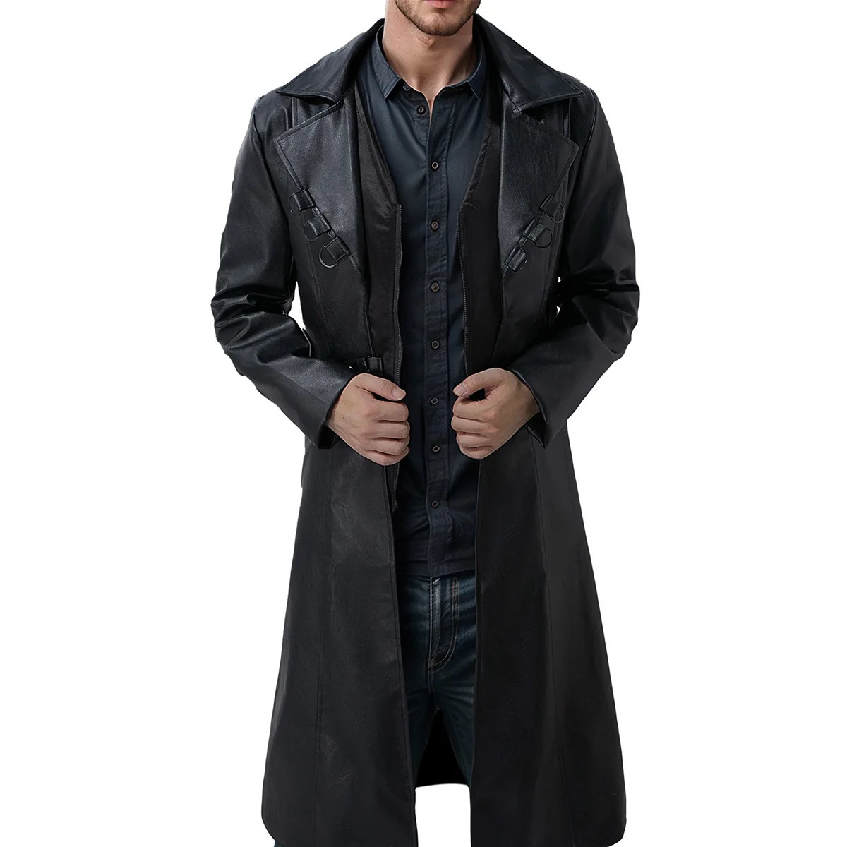 Medieval Clothing Pu Leather Coat Mens Long Casual Autumn Winter Windbreaker Overcoat 251126