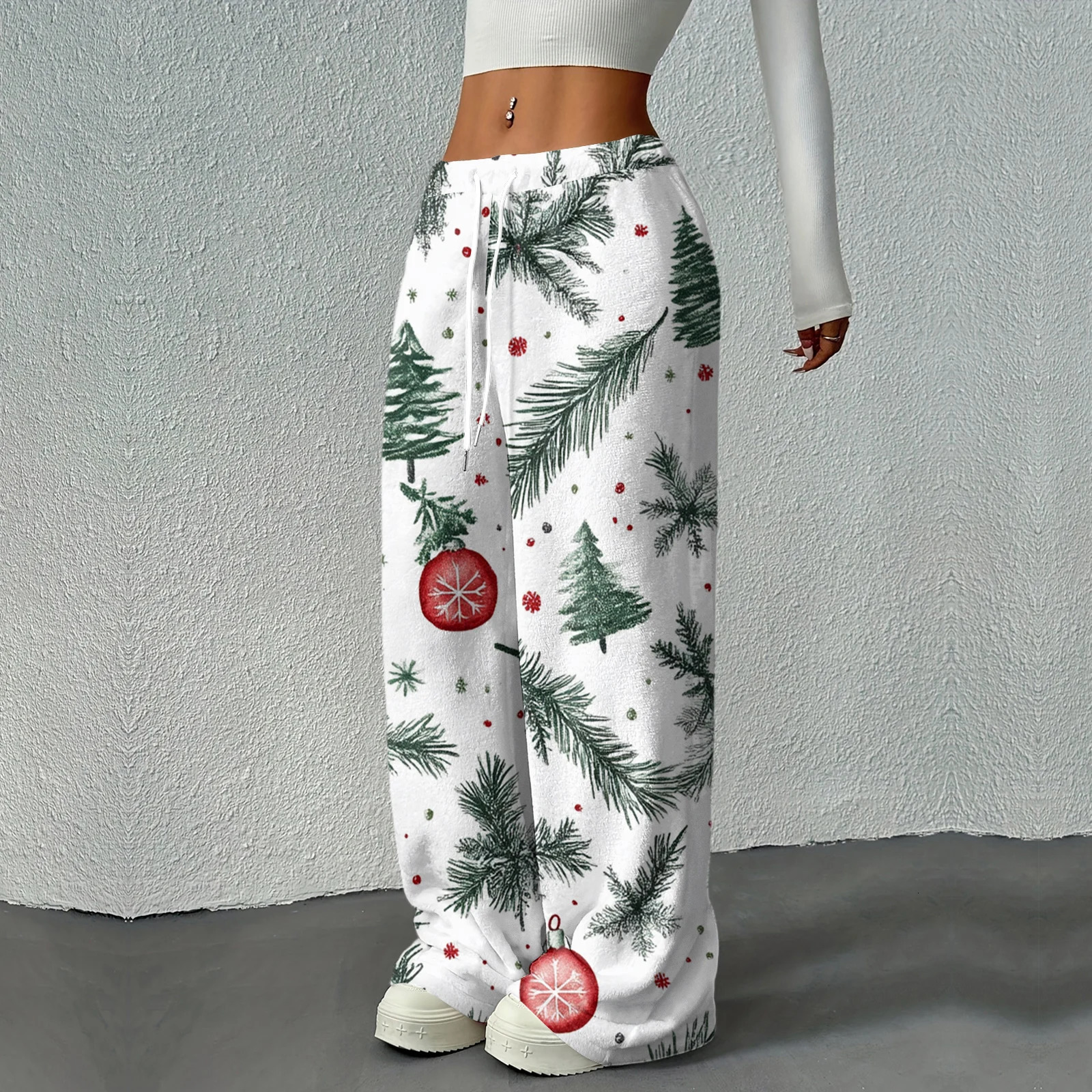 Christmas Winter WomenS Casual And Fashionable Printed Elastic Waistband Loose Straight Leg With Fleece Long Pants Rope 251129
