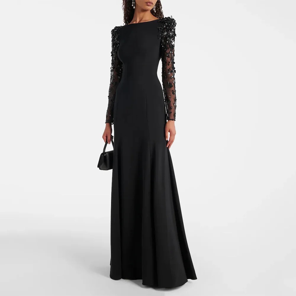 Luxury Evening Dress Sequined Beading Illusion Full Sleeves Mermaid Evening Gowns Long Boat Neck Trumpet Dresses