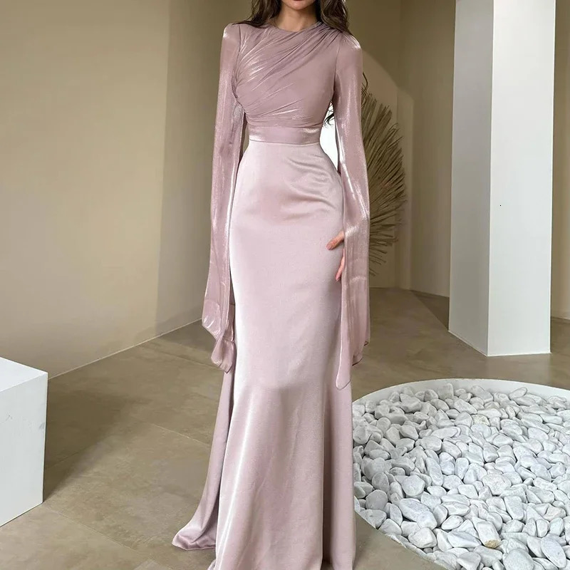Fashion Satin Solid Maxi Dresses for Women Temperament O Neck Batwing Sleeve Slim Evening Dress Elegant High Grade Ladies 251128