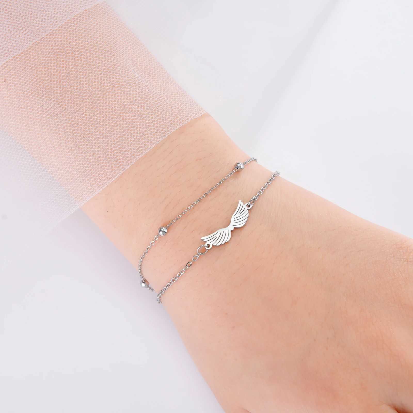 Skyrim Angel Wing Charm Bracelet for Women Girl Gold Stainless Steel Color Double Layer Beads Chain Bracelets Trendy JewelryXJ251209