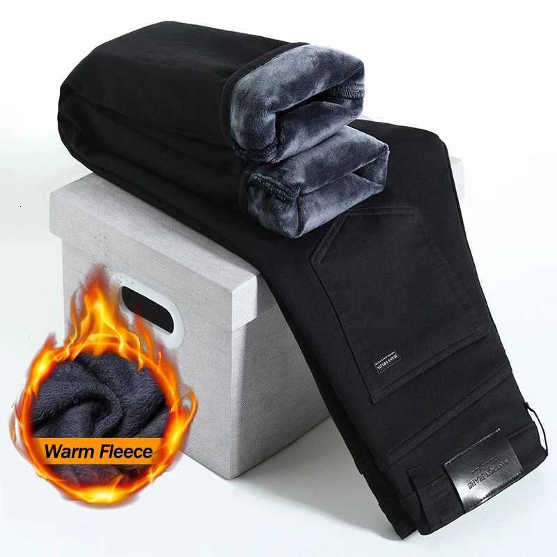 Black Warm Fleece Jeans Mens Winter Thick Elastic Fit Straight Plush Velvet Trousers Casual All-match Fashion Denim Pants M251209