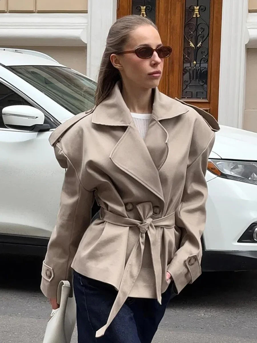 Blubelle Womens Autumn Fashion Khaki Trench Long Sleeve Belted Temperament Lapel Jackets Waist Cinching Coat 251129