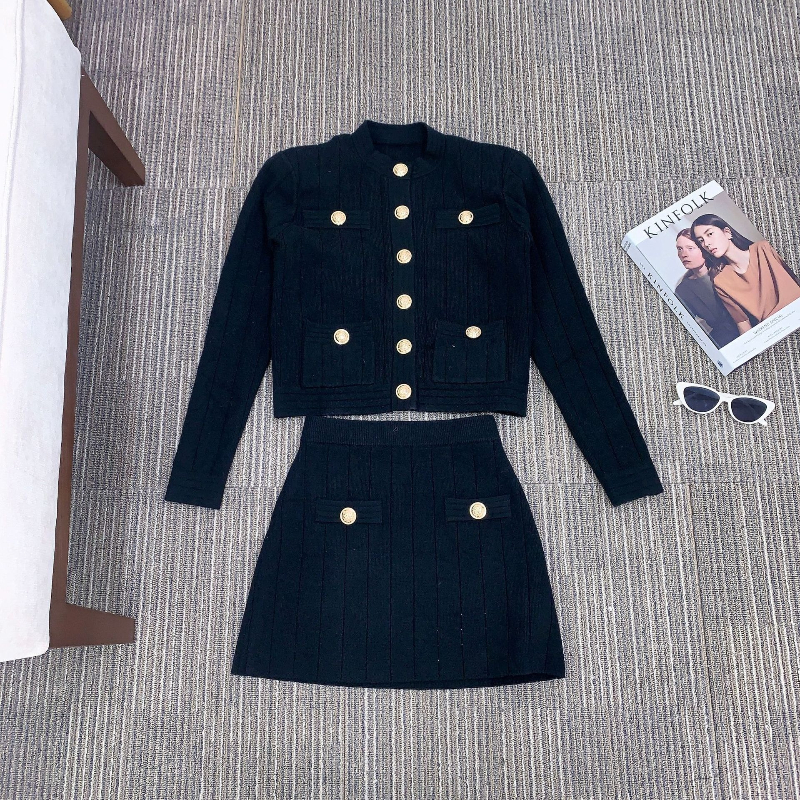 Autumn Winter Golden Buckle Knitted Twopiece Sets Womens Korean Fashion Round Neck Long Sleeve Slim Fit Skirt Suits 251201