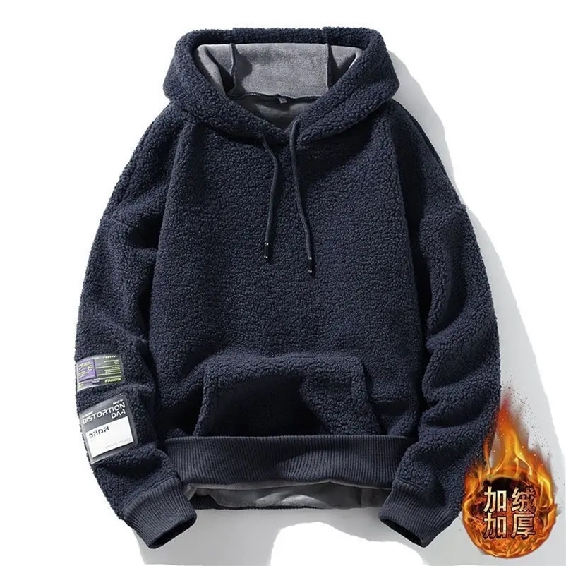Sudadera con capucha de lana de cordero cálida para hombre, ropa deportiva con forro polar, sudadera coreana gruesa térmica a prueba de viento, suda