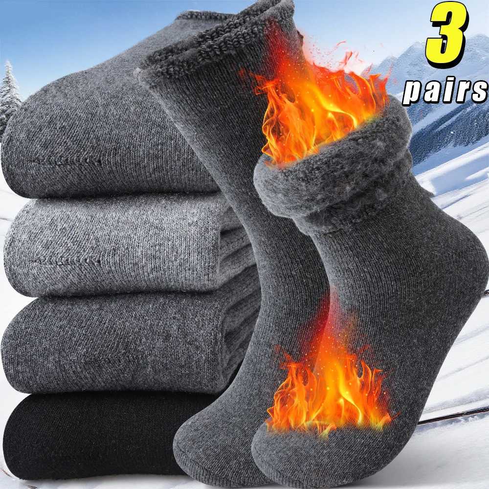 3 Pairs Winter Wool Mens Long Crew Socks Super Thick Thermal Socks Soft Inner Plain Plush Looped SocksXJ251210