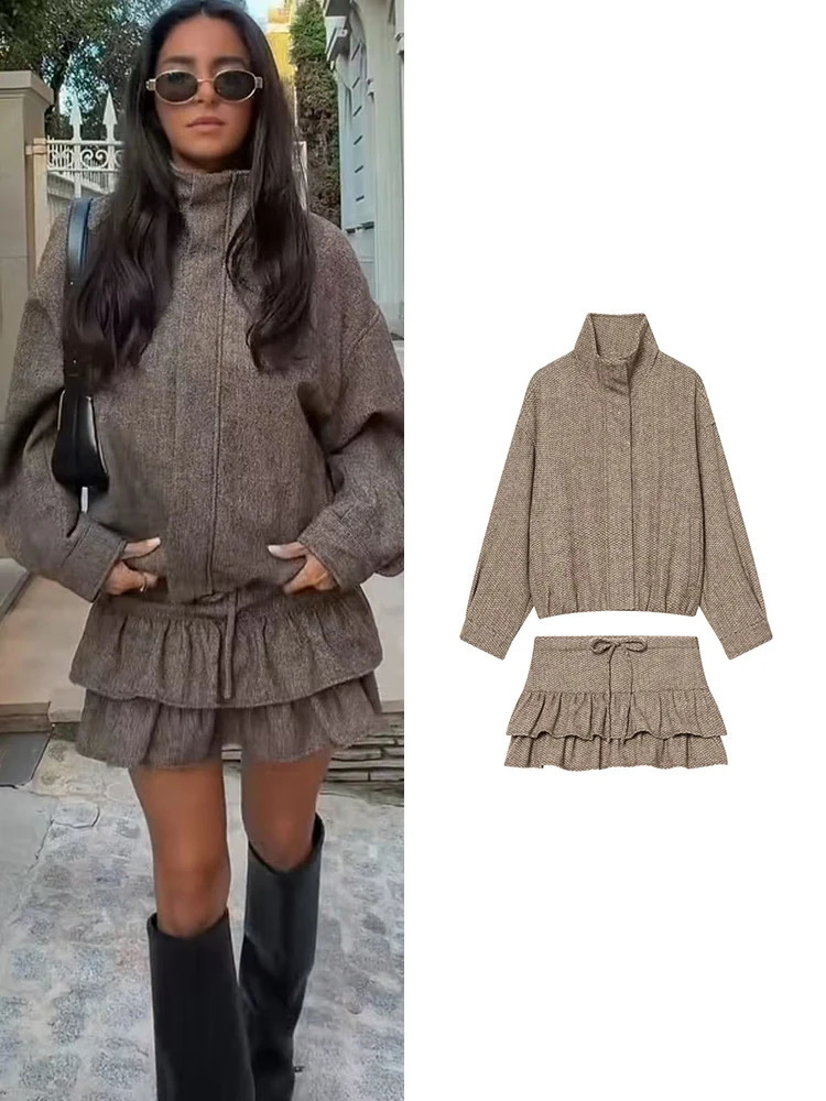 TFMLN Fall Winter Women Mini Skirt Set Fashion Stand Collar Simple Jackets Chic Tierred Bow Short Skirt Vintage Streetwear 251209
