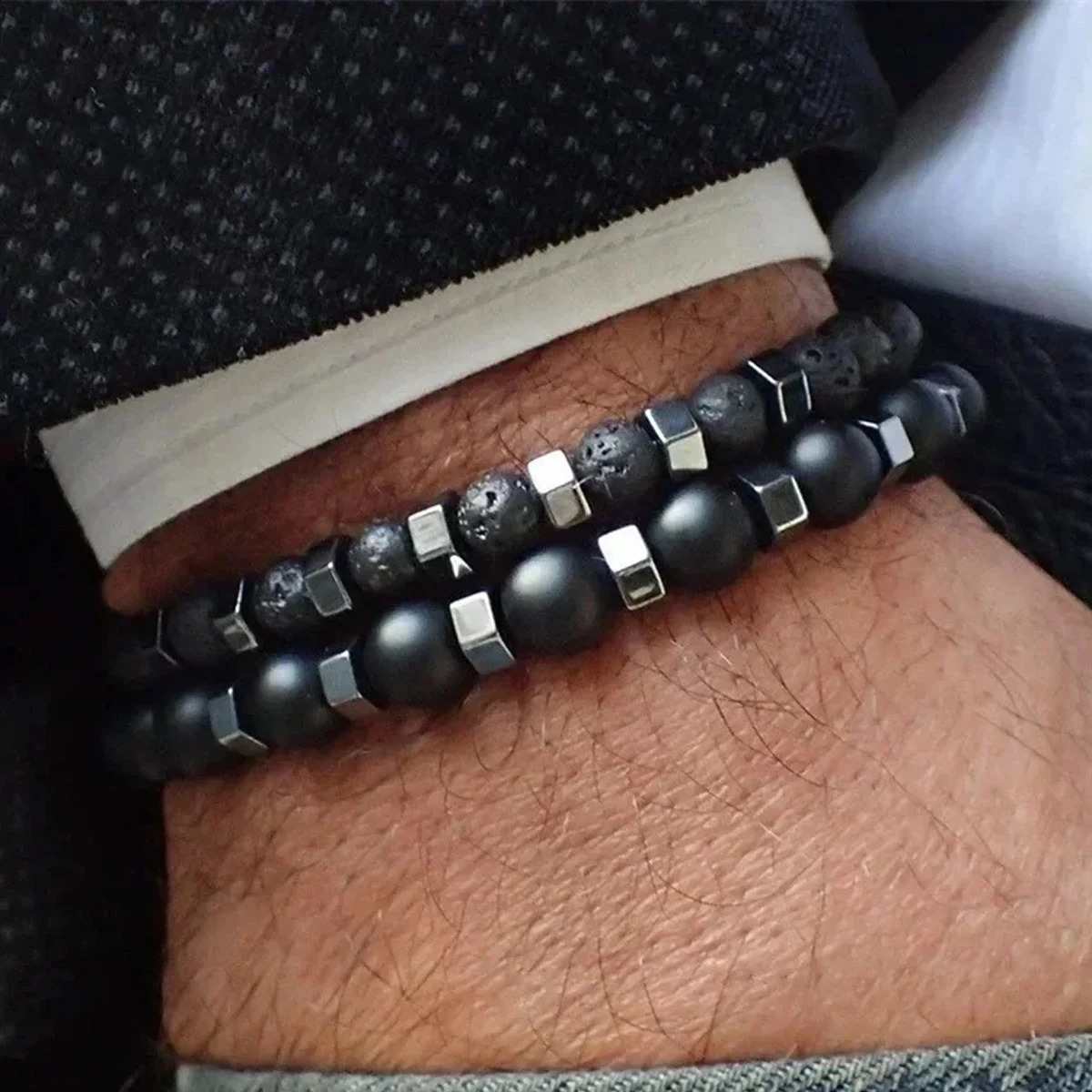 2pcsset Beaded Bracelet Men 8mm Lava Tiger Eye Stone Bead Charm Sets Jewelry Gift 251203