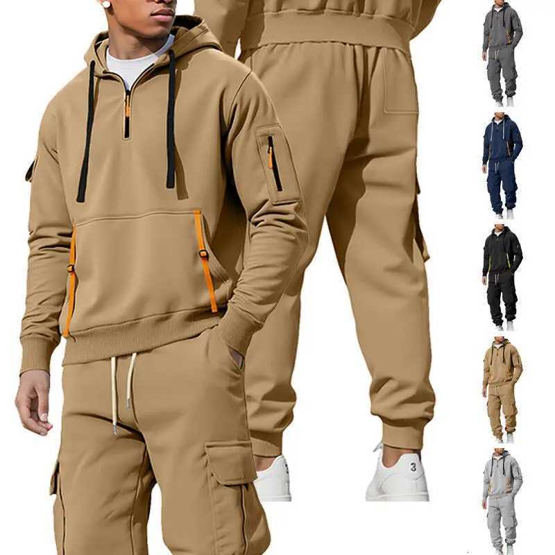 2025 New Mens Fleece Hoodie with Zip Pockets Cargo Pants Set Winter Thermal Workwear Outfit M251210