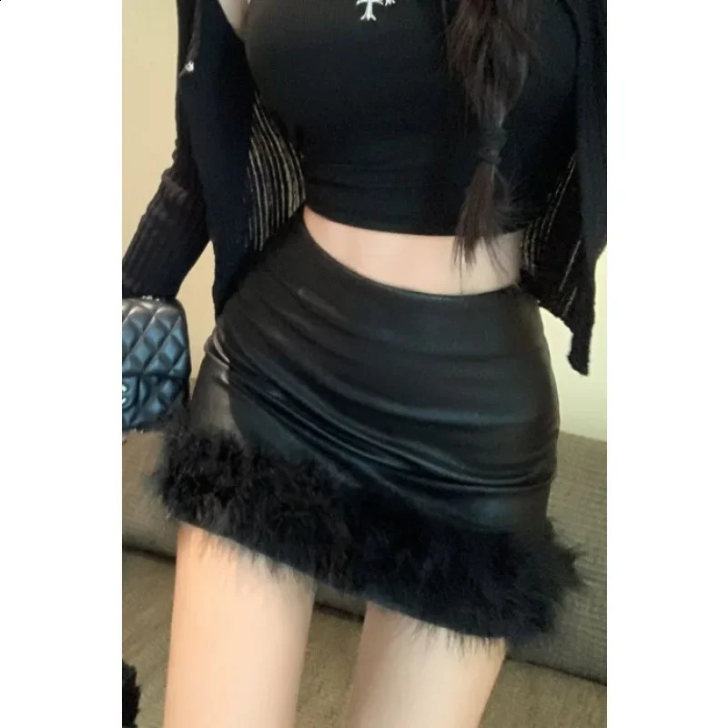 High Waist Black Leather Mini Skirt Womens n Sensation Faux Fur Patchwork Slimming Spring Autumn One Step Wrap around Skir 251209