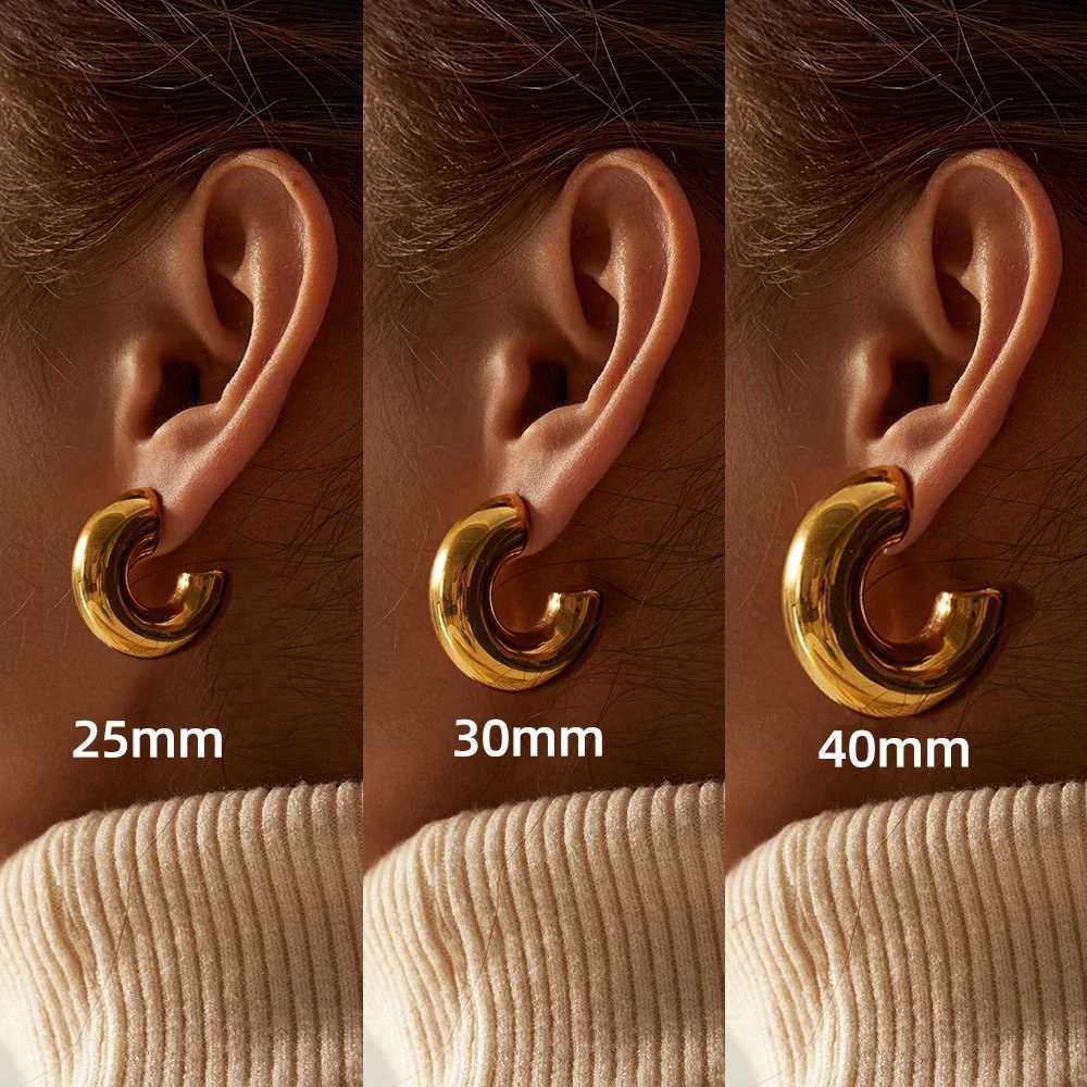 New Retro Stainless Steel Chunky C Shape Hoop Earrings Glossy Gold Plated PVD Circle Round Tube Huggie Hoops Stacked Ear JewelryXJ251210-image-1087969921