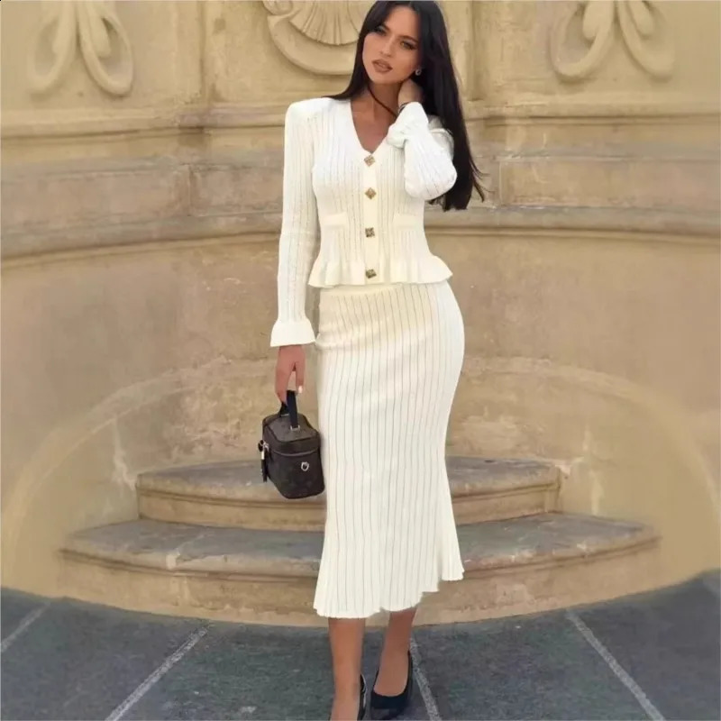 French Elegant Womens Knit Two Piece Set V Neck Ruffle Long Sleeve Cardigan High Waist Pencil Mermaid Maxi Skirt Sets 251205