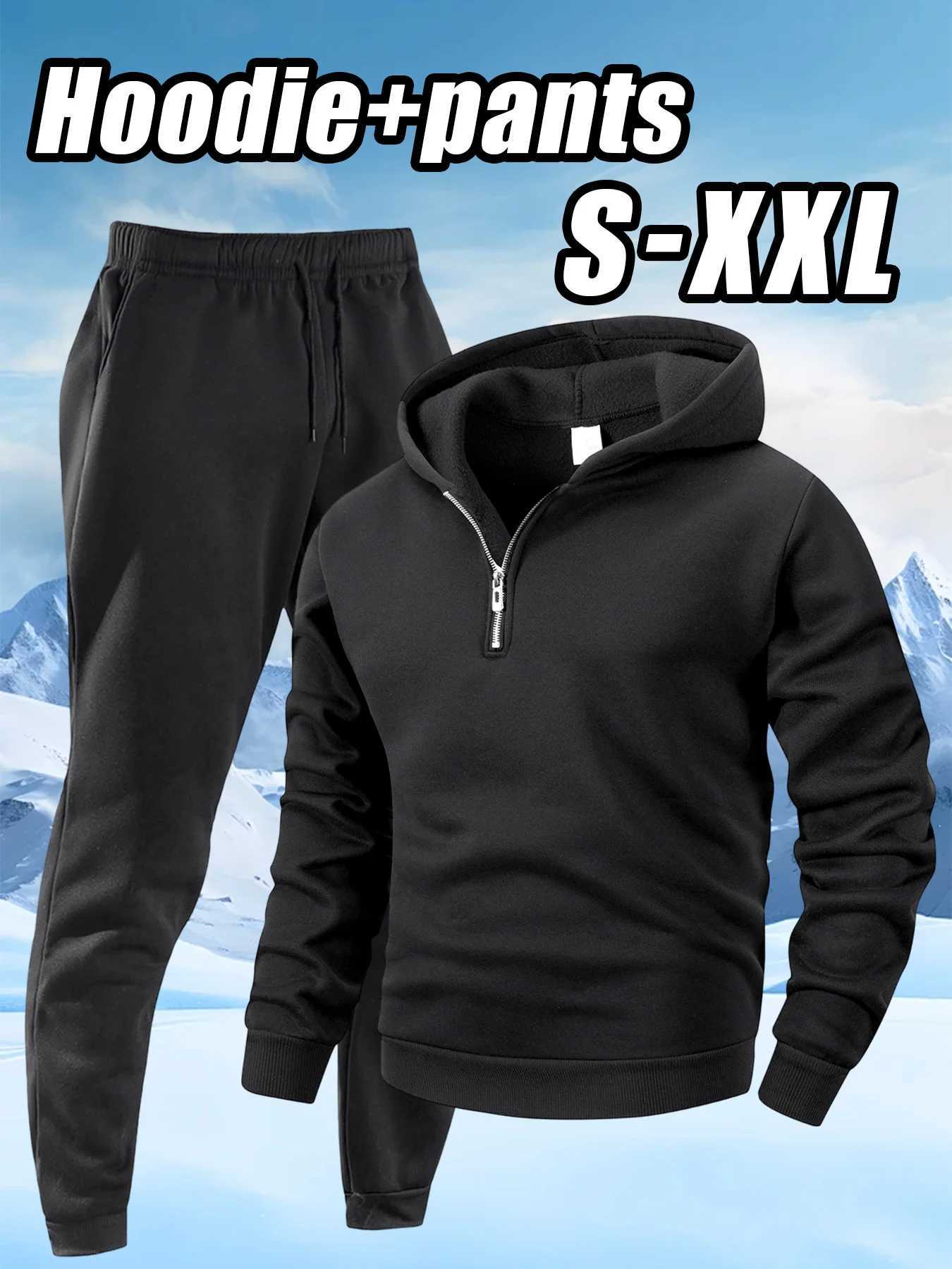 Mens Casual Hooded Sweatshirt and Pants Autumn Solid Color Warm Sportwear Fashionable Loose Regular Fit Outdoor Tracksuit M251210
