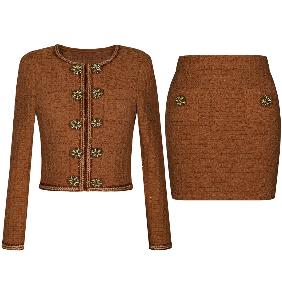 High Quality Autumn Fashion Elastic Knitted Round Neck Big Button Long Sleeved Cardigan Slim Fit Short Skirt Womens Set 251205
